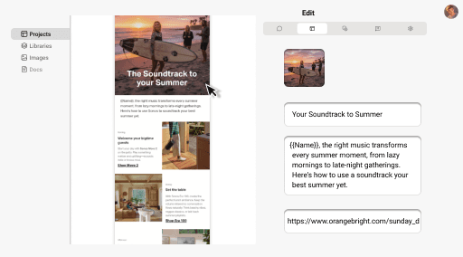 Denada email editor for quickly changing copy, images, and links.
