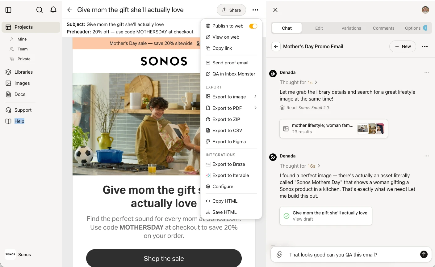 The Denada app with a Mother’s Day promo email open: the Left Panel with Projects, Libraries, Images, Docs, Support and Help; the email in the middle; the Right Panel with Chat, Edit, Variations, Comments and Options tabs; and the Share button open, showing publish, proof, QA, export, integration and HTML options