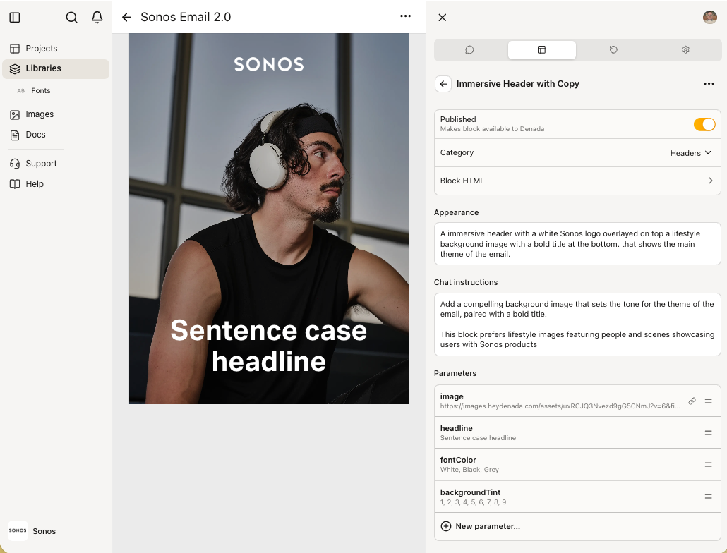 One block open in the library editor, showing its Published toggle, category, block HTML, appearance description, chat instructions and parameters