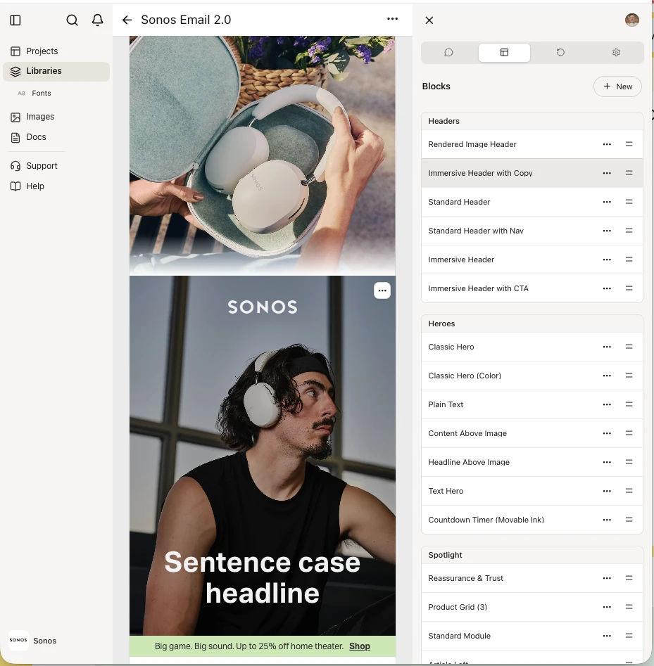 A Denada email library open in the library editor, with its blocks listed by category: Headers, Heroes and Spotlight