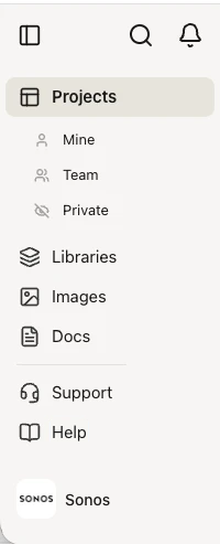 The Left Panel: Projects (Mine, Team, Private), Libraries, Images, Docs, Support and Help, with the Team switcher at the bottom