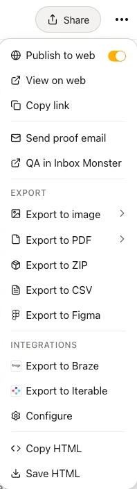 The Share menu: publish to web, view on web, copy link, send proof email, QA in Inbox Monster, export to image, PDF, ZIP, CSV and Figma, export to Braze and Iterable, configure integrations, copy HTML and save HTML