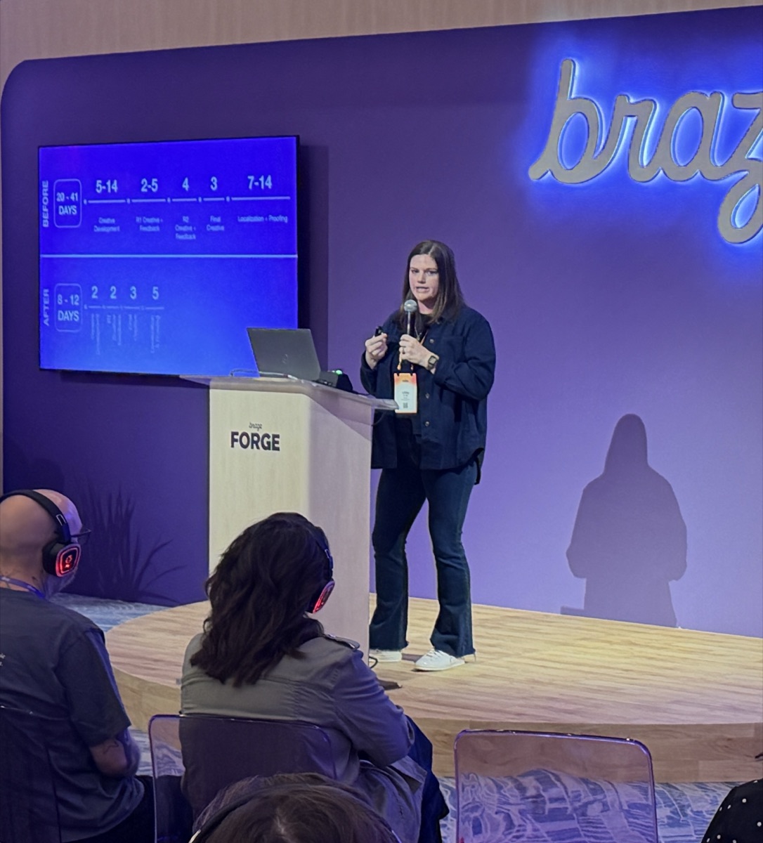Libby Croak in front of the before-and-after production timeline slide