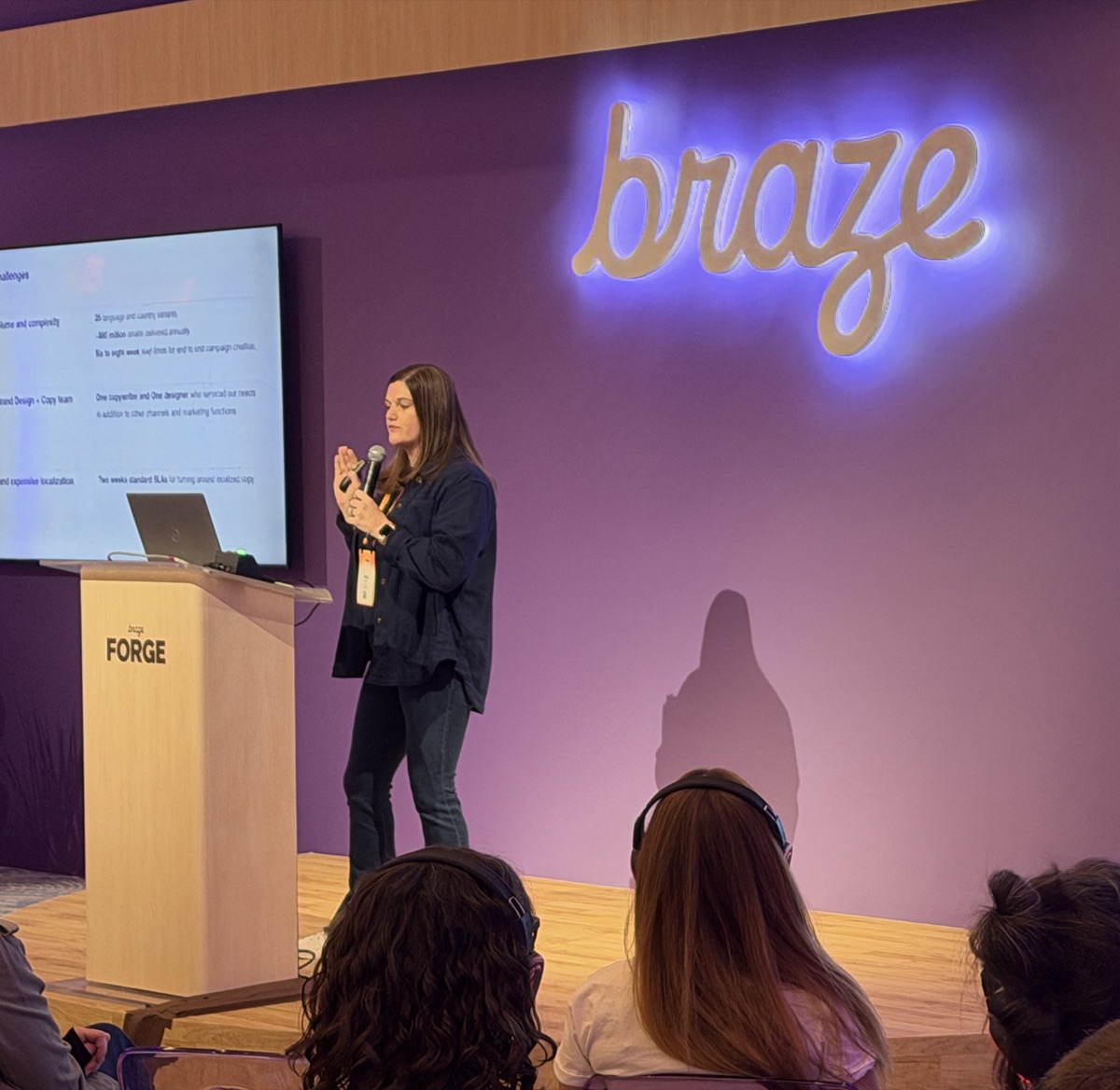 Libby Croak presenting Sonos' email challenges at Braze Forge