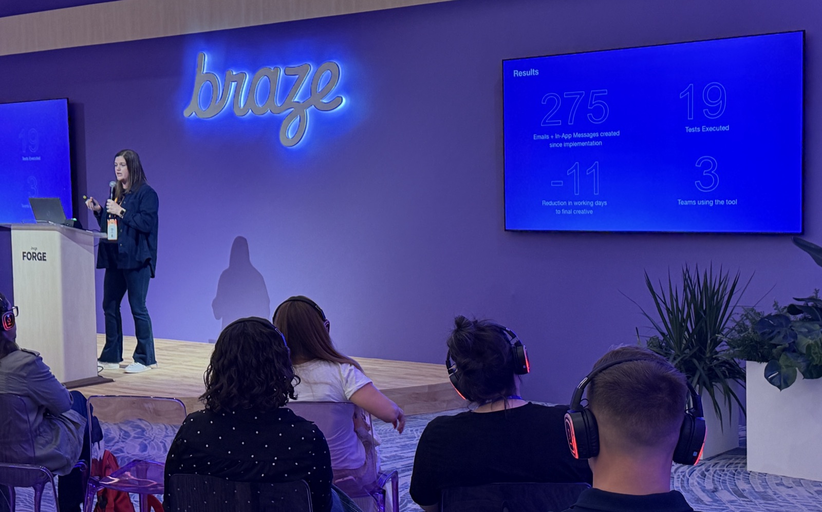 Libby Croak presenting Sonos' results: 275 emails and in-app messages, 19 tests, 11 fewer working days, 3 teams